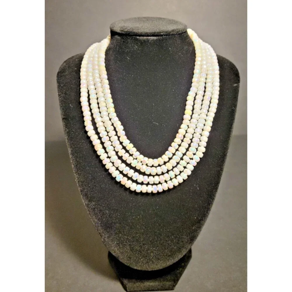 Vintage 1950s 4 Strand Opalescent Glass Bead Necklace Wedding Glam Mid Century
